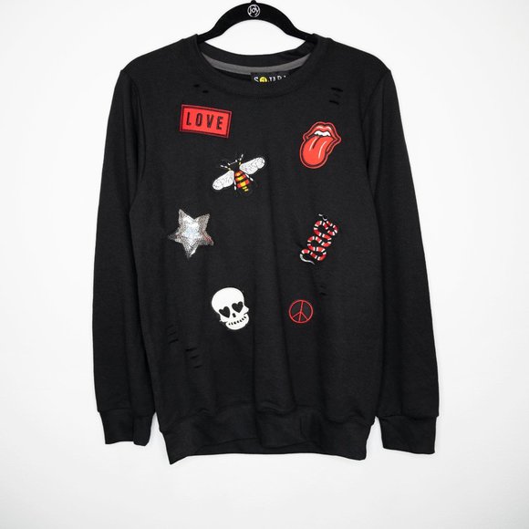 Sojara Tops - Sojara Distressed Black Patches Sweatshirt D13